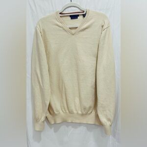 Alan‎ Flusser Mens XL Beige  Cotton Cashmere Sweater V Neck Pullover Long Sleeve